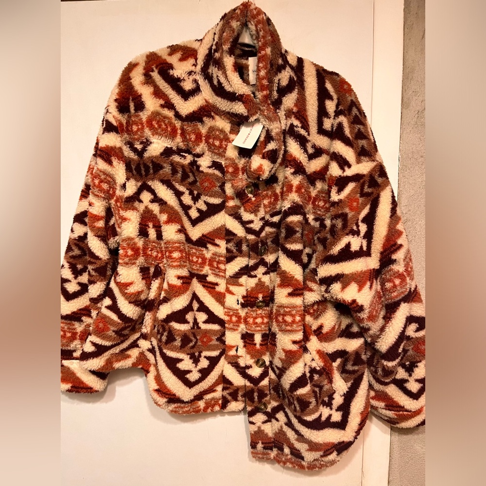 Lucky Brand Women's Button Front Patterned High Pile Fleece Jacket XL NWT